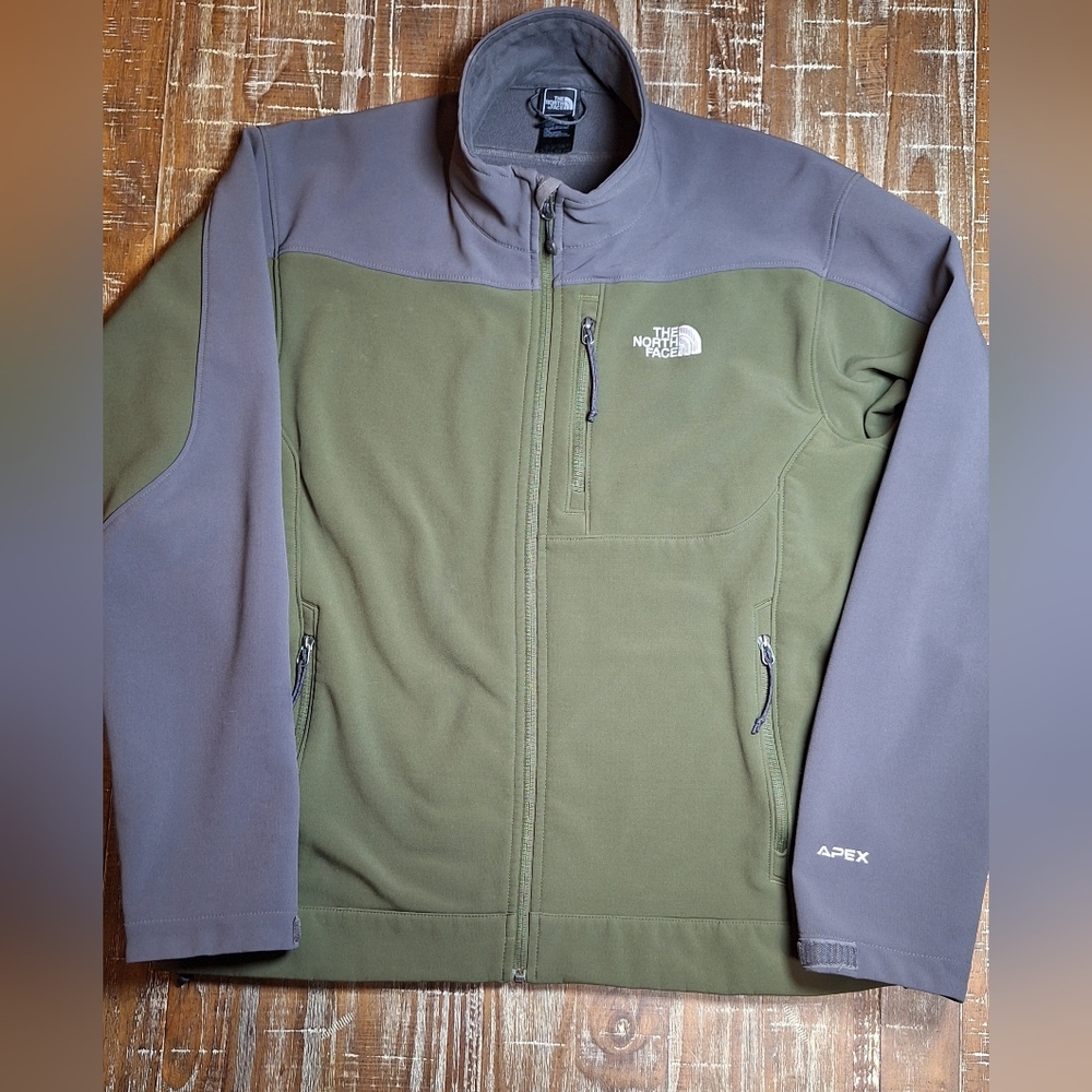 The North Face Men's L Green/Gray Full Zip Jacket Zip Pockets Apex Logo Outdoor‎